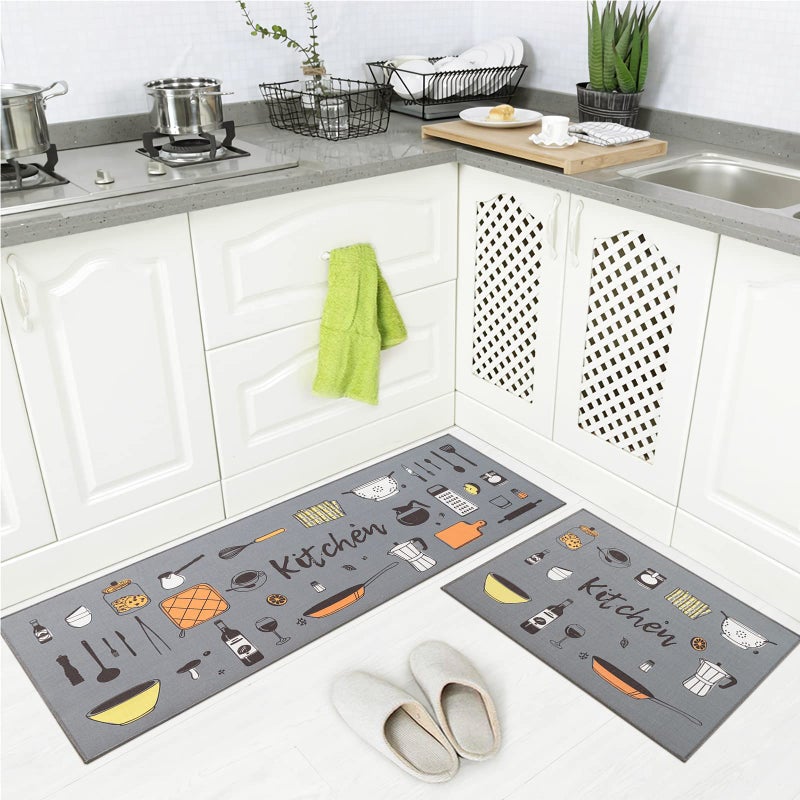 Carvapet 2-Piece Kitchen Rug Set â€“ Grey Non Slip Floor Mats with TPR Backing for Kitchen Doorway Bathroom, Washable Runner and Doormat 17"x48"+17"x24" - Image 1